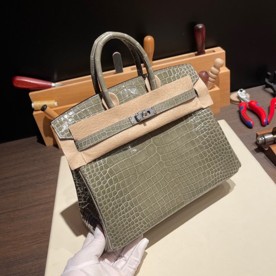 エルメスバーキン 25センチポロサスマットporous Crocodile 81/Gris Tourterelle トゥルティエールグレーシルバー金具 全手縫いbirkin25-002