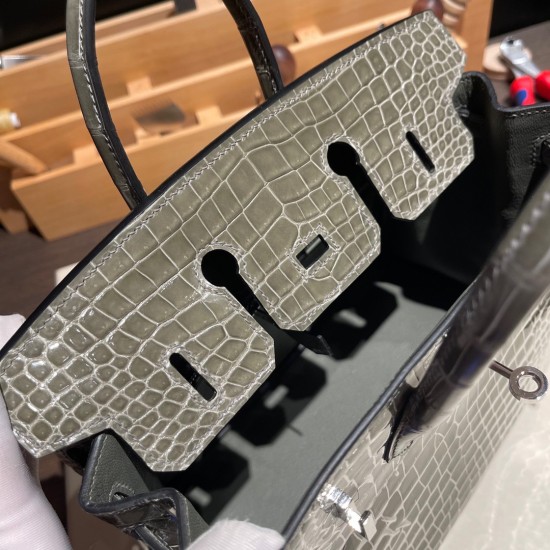 エルメスバーキン 25センチポロサスマットporous Crocodile 81/Gris Tourterelle トゥルティエールグレーシルバー金具 全手縫いbirkin25-002