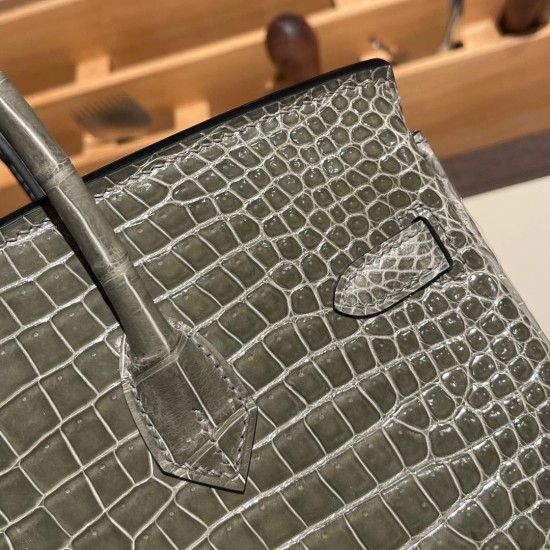 エルメスバーキン 25センチポロサスマットporous Crocodile 81/Gris Tourterelle トゥルティエールグレーシルバー金具 全手縫いbirkin25-002