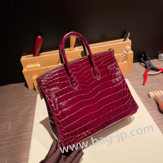 エルメスバーキン 25センチニロティカス Crocodile Niloticus57 Bordeaux ボルドーゴールド金具   全手縫いbirkin25-006