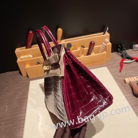 エルメスバーキン 25センチニロティカス Crocodile Niloticus57 Bordeaux ボルドーゴールド金具   全手縫いbirkin25-006