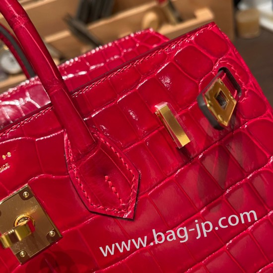 エルメスバーキン 25センチニロティカス Crocodile NiloticusQ5/Rouse Casaque  ルージュカザックゴールド金具  全手縫いbirkin25-007