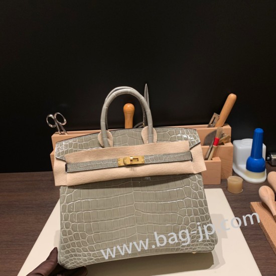 エルメスバーキン 25センチニロティカス Crocodile Niloticus81/Gris Tourterelle トゥルティエールグレーゴールド金具  全手縫いbirkin25-009