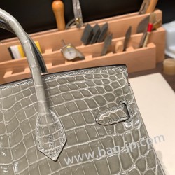 エルメスバーキン 25センチニロティカス Crocodile Niloticus81/Gris Tourterelle トゥルティエールグレーゴールド金具  全手縫いbirkin25-009