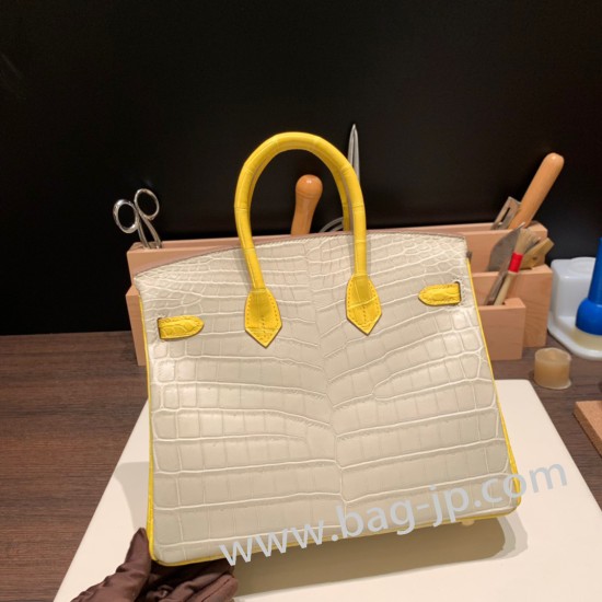 エルメスバーキン 25センチニロティカス Crocodile Niloticus80/Pearl Grey&16 /Taupe Grey パールグレーX taupeゴールド金具  全手縫いbirkin25-011