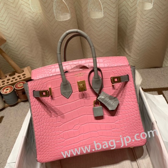 エルメスバーキン 25センチアリゲーターマット Alligator Crocodile 5P/Pink & 80/Pearl GreyピンクX パールグレーゴールド金具  全手縫いbirkin25-014