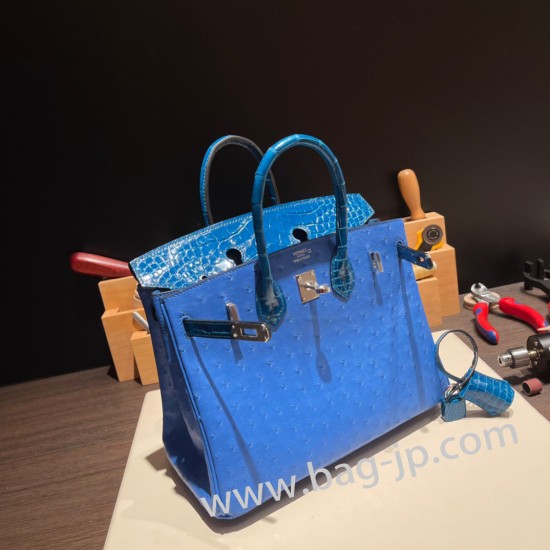 エルメスバーキン 25センチアリゲーターマット Alligator Crocodile touch Bleu Hydra& Bleu Izmir ブルーイドラ(T7)/ブルーイズミール(7W)シルバー金具 全手縫いbirkin25-017