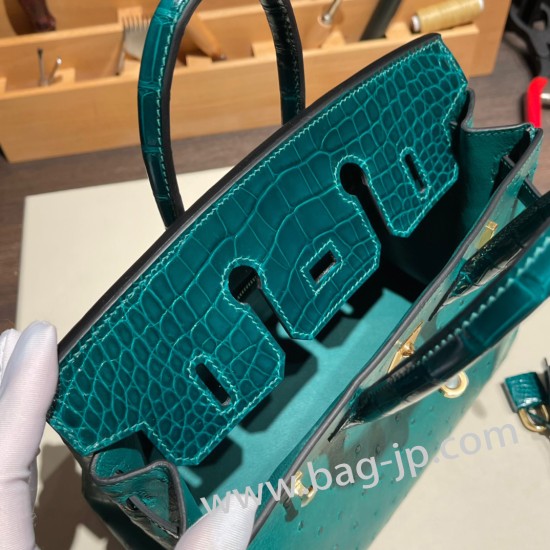 エルメスバーキン 25センチオーストリッチ Ostrich Z6/MalachiteマラカイトX 6Q Vert Emeraudeゴールド金具  全手縫いbirkin25-019