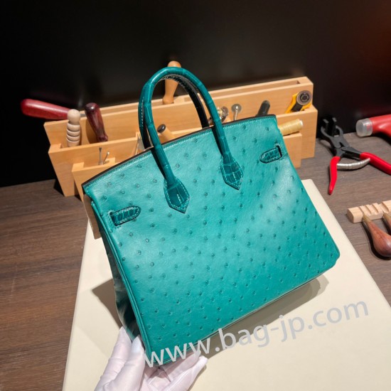 エルメスバーキン 25センチオーストリッチ Ostrich Z6/MalachiteマラカイトX 6Q Vert Emeraudeゴールド金具  全手縫いbirkin25-019