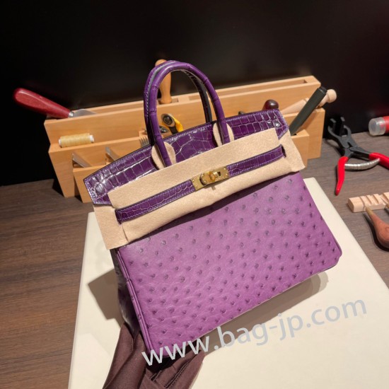 エルメスバーキン 25センチオーストリッチ Ostrich &Crocodile Anemone アネモネx カシスN5ゴールド金具  全手縫いbirkin25-020