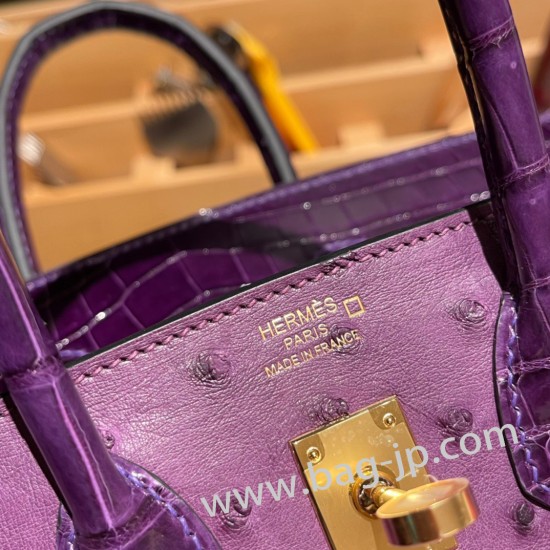 エルメスバーキン 25センチオーストリッチ Ostrich &Crocodile Anemone アネモネx カシスN5ゴールド金具  全手縫いbirkin25-020