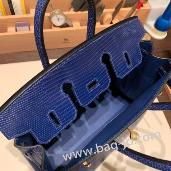 エルメスバーキン 25センチLizard リザードナチュラM3 /Blue Encre ブルーアンクルゴールド金具  全手縫いbirkin25-037