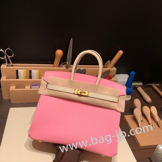 エルメスバーキン 25センチヴォーエプソン Epsom ピンク X クレ 5P/ Pink & 10/ Craieゴールド金具  全手縫いbirkin25-052