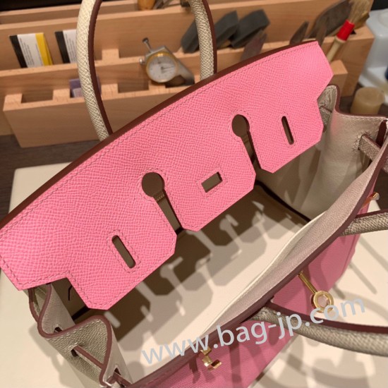 エルメスバーキン 25センチヴォーエプソン Epsom ピンク X クレ 5P/ Pink & 10/ Craieゴールド金具  全手縫いbirkin25-052