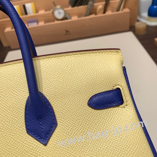 エルメスバーキン 25センチヴォーエプソン Epsom ジョーヌプッサン&ブルーエレクトリック1Z/ Jaune Poussin & 7T /Blue Electricゴールド金具  全手縫いbirkin25-053