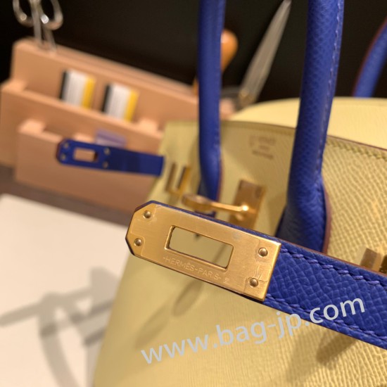 エルメスバーキン 25センチヴォーエプソン Epsom ジョーヌプッサン&ブルーエレクトリック1Z/ Jaune Poussin & 7T /Blue Electricゴールド金具  全手縫いbirkin25-053