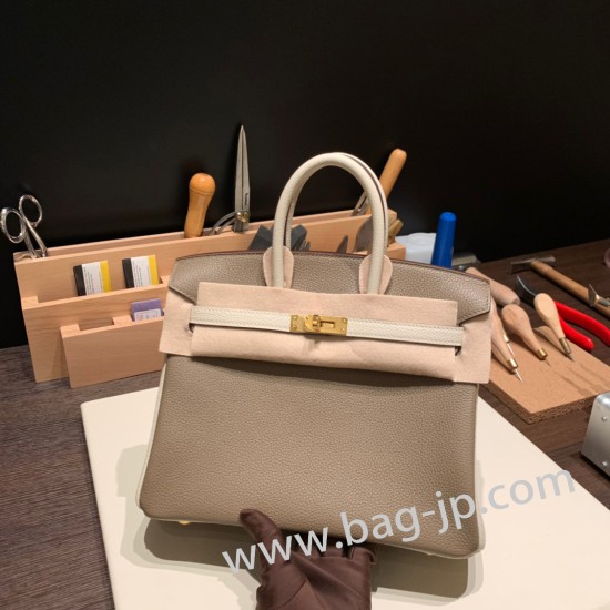 エルメスバーキン 25センチトゴ Togo クレXエトゥープ10/ Craie & Étoupe Grey ゴールド金具  全手縫いbirkin25-146