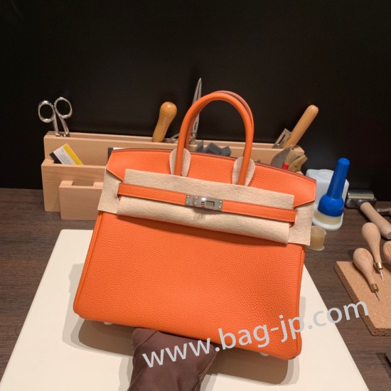 エルメスバーキン 25センチトゴ Togo オレンジ93/Orange シルバー金具 全手縫いbirkin25-158