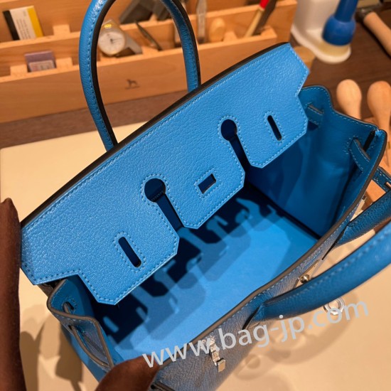 エルメスバーキン 25センチシェブルミゾル  Chevre ブルーフリーダ0F /Blue Frida シルバー金具 全手縫いbirkin25-168