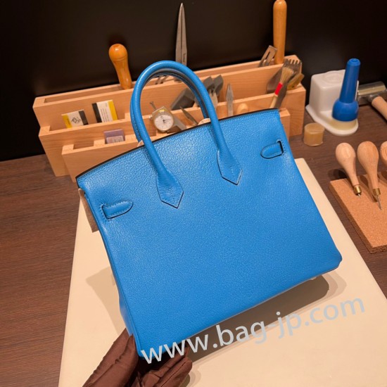 エルメスバーキン 25センチシェブルミゾル  Chevre ブルーフリーダ0F /Blue Frida シルバー金具 全手縫いbirkin25-168