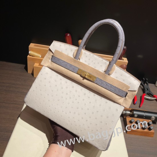 エルメスバーキン 30センチオーストリッチ Ostrich ベトン x ブルーアガットゴールド金具 birkin30-014 全手縫い