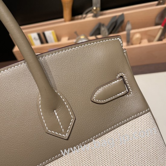 エルメスバーキン 30センチスイフト swift & Canvasswift & Canvas エトゥープシルバー金具 birkin30-084 全手縫い