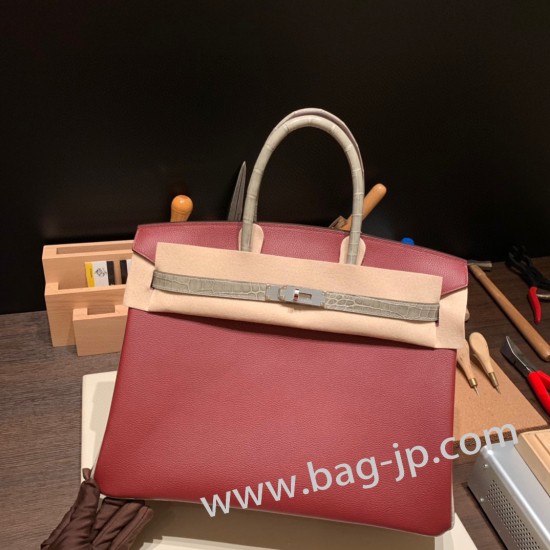 エルメスバーキン 35センチ evercolor& chamois  55/ Rouge H & 81 /Gris Tourterelle ルージュアッシュ x トゥルティエールグレー シルバー金具  birkin35-007 全手縫い