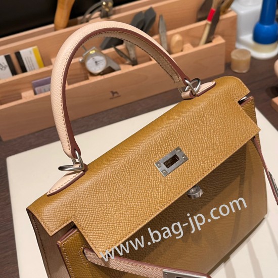 エルメス ケリー25cm 外縫い ヴォーエプソン Epsom  ブロンズドレ U8 /Bronze Dore & ローズエグランタイン P1 /Rose Eglantine シルバー金具  kelly25-054 全手縫い