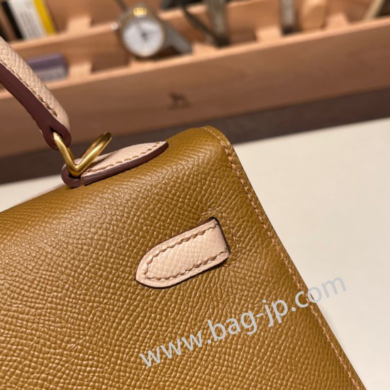 エルメス ケリー25cm 外縫い ヴォーエプソン Epsom  ブロンズドレ U8 /Bronze Dore& ローズエグランタインP1/ Rose Eglantine ゴールド金具  kelly25-055 全手縫い