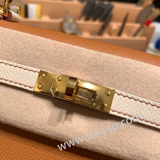 エルメス ケリー25cm 外縫い ヴォーエプソン Epsom  ゴールド 37/Gold & クレ 10 /Craie  ゴールド金具  kelly25-059 全手縫い