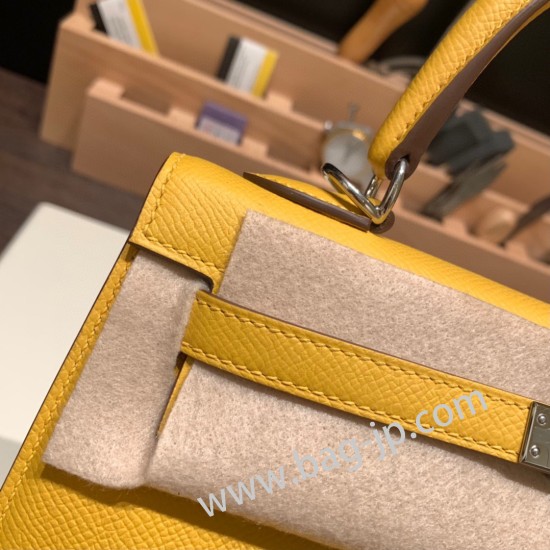 エルメス ケリー25cm 外縫い ヴォーエプソン Epsom  ジョーヌアンブル 9D /Jaune Ambre  シルバー金具  kelly25-110 全手縫い