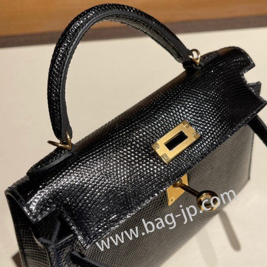 エルメスケリーミニ Kelly bag miniMini Kelly New stock  リザードナチュラ ブラック 89 /Black (Noir) ゴールド金具   kellymini-003 全手縫い