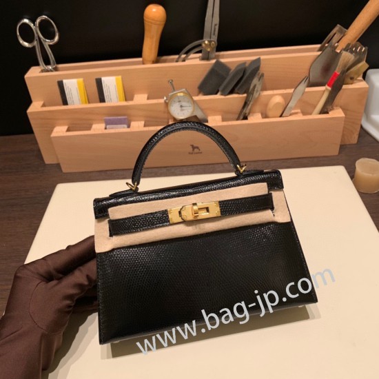 エルメスケリーミニ Kelly bag miniMini Kelly New stock  リザードナチュラ ブラック 89 /Black (Noir) ゴールド金具   kellymini-005 全手縫い