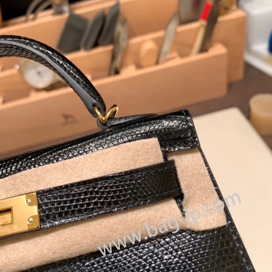 エルメスケリーミニ Kelly bag miniMini Kelly New stock  リザードナチュラ ブラック 89 /Black (Noir) ゴールド金具   kellymini-005 全手縫い