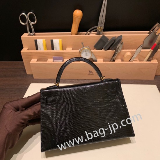 エルメスケリーミニ Kelly bag miniMini Kelly New stock  リザードナチュラ ブラック 89 /Black (Noir) ゴールド金具   kellymini-005 全手縫い