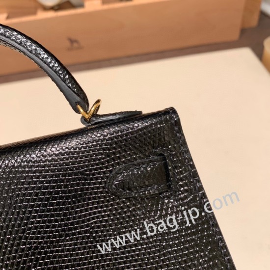 エルメスケリーミニ Kelly bag miniMini Kelly New stock  リザードナチュラ ブラック 89 /Black (Noir) ゴールド金具   kellymini-005 全手縫い