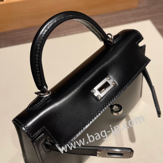 エルメスケリーミニ Kelly bag miniMini Kelly New stock  box  ボックスカーフ ブラック 89/ Black (Noir) シルバー金具 kellymini-008 全手縫い