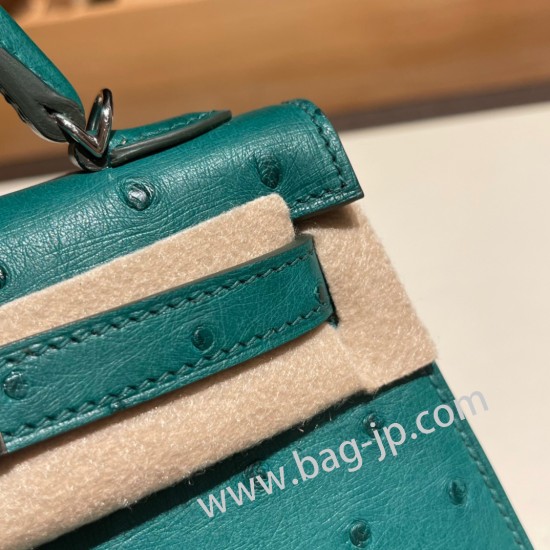 エルメスケリーミニ Kelly bag miniMini Kelly New stock  オーストリッチ ostrich ヴェールヴェルティゴ U4 /Vert Vertigo シルバー金具 kellymini-013 全手縫い