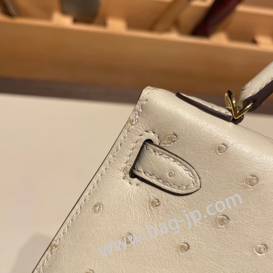 エルメスケリーミニ Kelly bag miniMini Kelly New stock  オーストリッチ ostrich パルシュマン 3C /Parchemin   ゴールド金具   kellymini-016 全手縫い