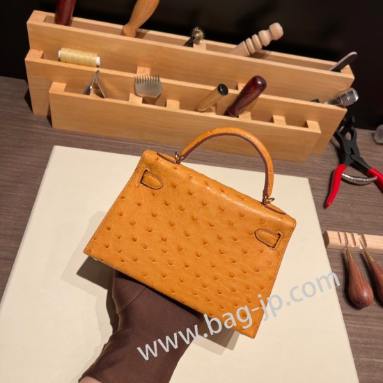 エルメスケリーミニ Kelly bag miniMini Kelly New stock  オーストリッチ ostrich サフラン 22 /Saffron ゴールド金具   kellymini-021 全手縫い