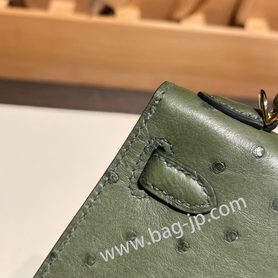 エルメスケリーミニ Kelly bag miniMini Kelly New stock  オーストリッチ ostrich カノピ V6/ /Canope & ヴェールマキ G8 /Vert Maquis ゴールド金具 kellymini-024 全手縫い