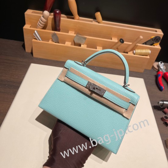 エルメスケリーミニ Kelly bag miniMini Kelly New stock  シェブルミゾル  Chevre アクア 79 /Aqua シルバー金具 kellymini-029 全手縫い