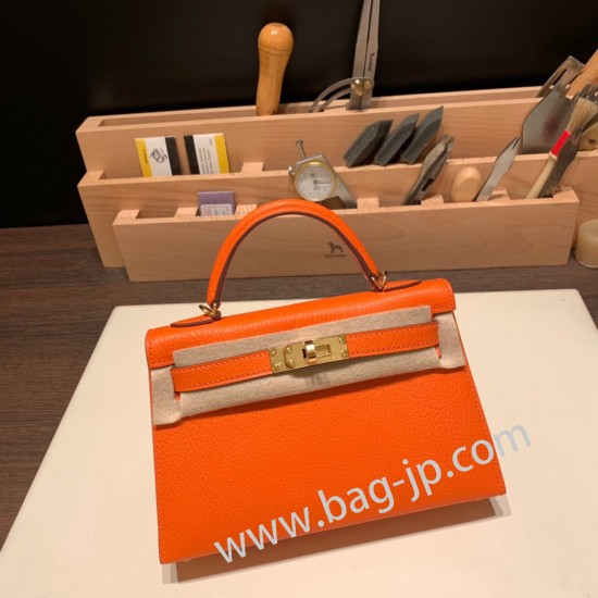 エルメスケリーミニ Kelly bag miniMini Kelly New stock  シェブルミゾル  Chevre オレンジ 93 /Orange ゴールド金具 kellymini-035 全手縫い