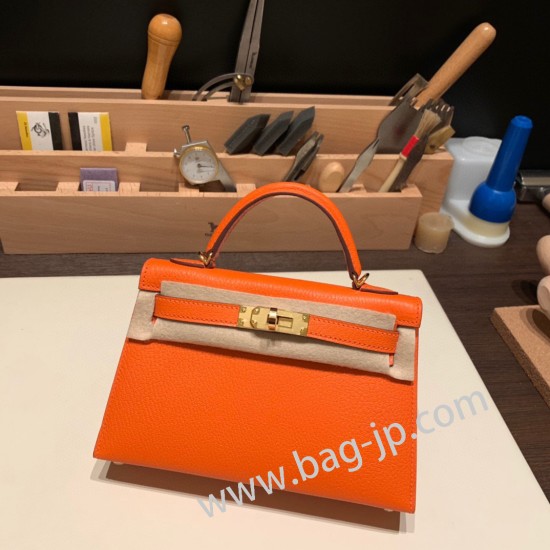 エルメスケリーミニ Kelly bag miniMini Kelly New stock  シェブルミゾル  Chevre オレンジ 93 /Orange ゴールド金具 kellymini-035 全手縫い