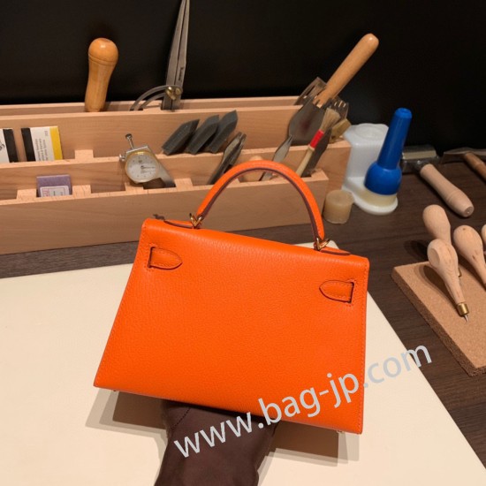 エルメスケリーミニ Kelly bag miniMini Kelly New stock  シェブルミゾル  Chevre オレンジ 93 /Orange ゴールド金具 kellymini-035 全手縫い