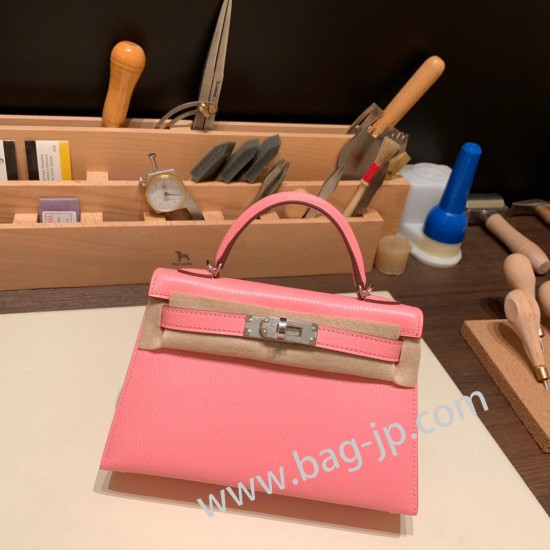 エルメスケリーミニ Kelly bag miniMini Kelly New stock  シェブルミゾル  Chevre ローズコンフェッティ 1Q/Rose Confetti シルバー金具 kellymini-039 全手縫い