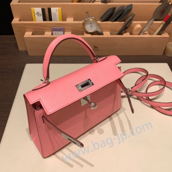 エルメスケリーミニ Kelly bag miniMini Kelly New stock  シェブルミゾル  Chevre ローズコンフェッティ 1Q/Rose Confetti シルバー金具 kellymini-039 全手縫い