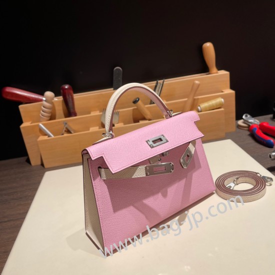 エルメスケリーミニ Kelly bag miniMini Kelly New stock  ヴォーエプソン Epsom モーヴシルベストル X9 /Mauve Sylvestre & クレ 10 /Craie シルバー金具 kellymini-055 全手縫い