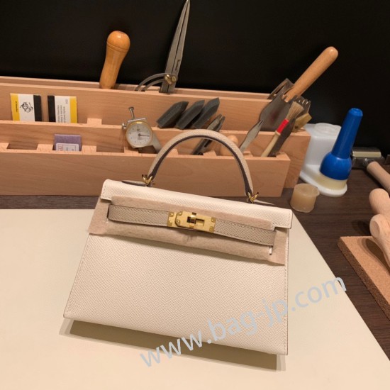 エルメスケリーミニ Kelly bag miniMini Kelly New stock  ヴォーエプソン Epsom クレ10 /Craie & トレンチ S2 /Trench ゴールド金具 kellymini-056 全手縫い