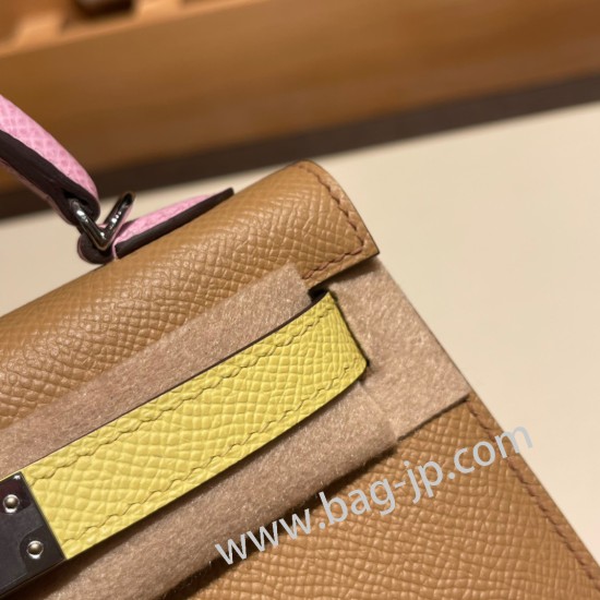 エルメスケリーミニ Kelly bag miniMini Kelly New stock  ヴォーエプソン Epsom チャイ0M/Cha & 9R/Lime & X9 /Mauve Sylvestre シルバー金具 kellymini-057 全手縫い